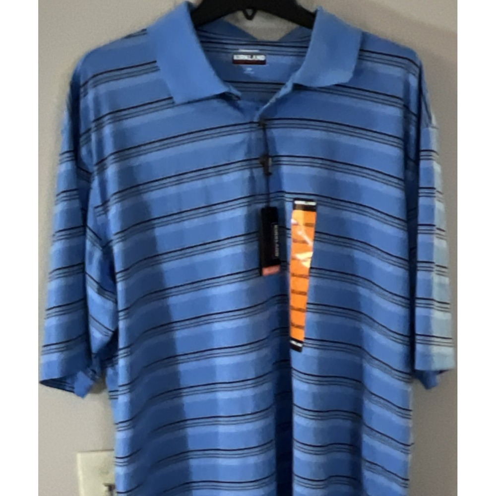 Kirkland Signature‎ Men's Polo Shirt XXL Blue Striped Short Sleeve Collared NWT